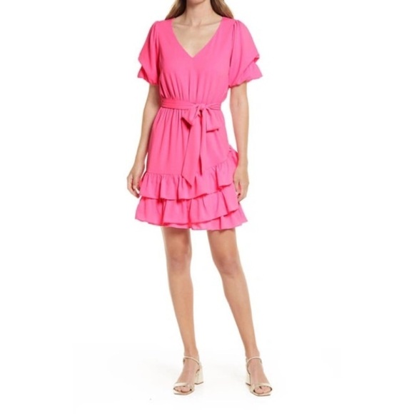 Lilly Pulitzer Dresses & Skirts - Lilly Pulitzer Martha Pink Stretch Ruffle Midi Short Sleeve Dress EUC Size 10